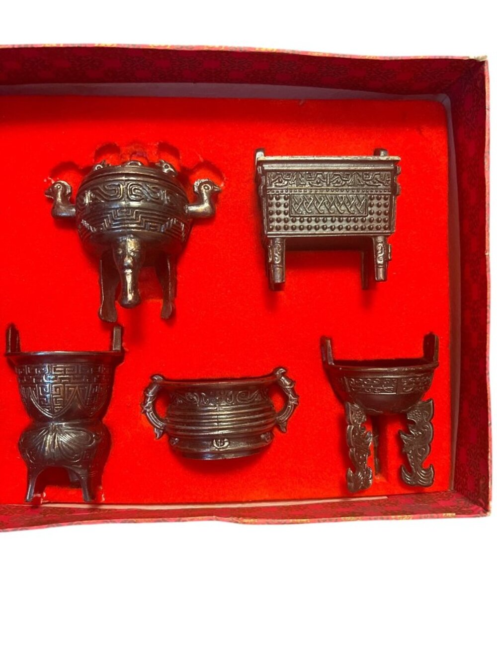 Chinese Miniature Bronze Replica Tripod & Vessel Set With Box - 5 Pieces Total